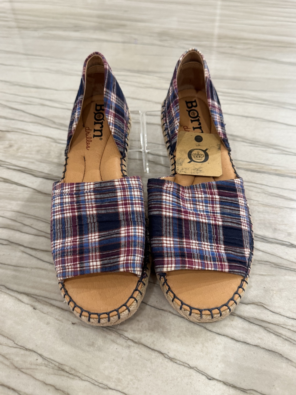 Born Drilles Plaid Open-Toe Espadrille Sandals - Navy & Red - Size 8